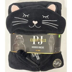 PJ Essentials Black Cat Hooded One Piece Pajamas Size Medium NWT